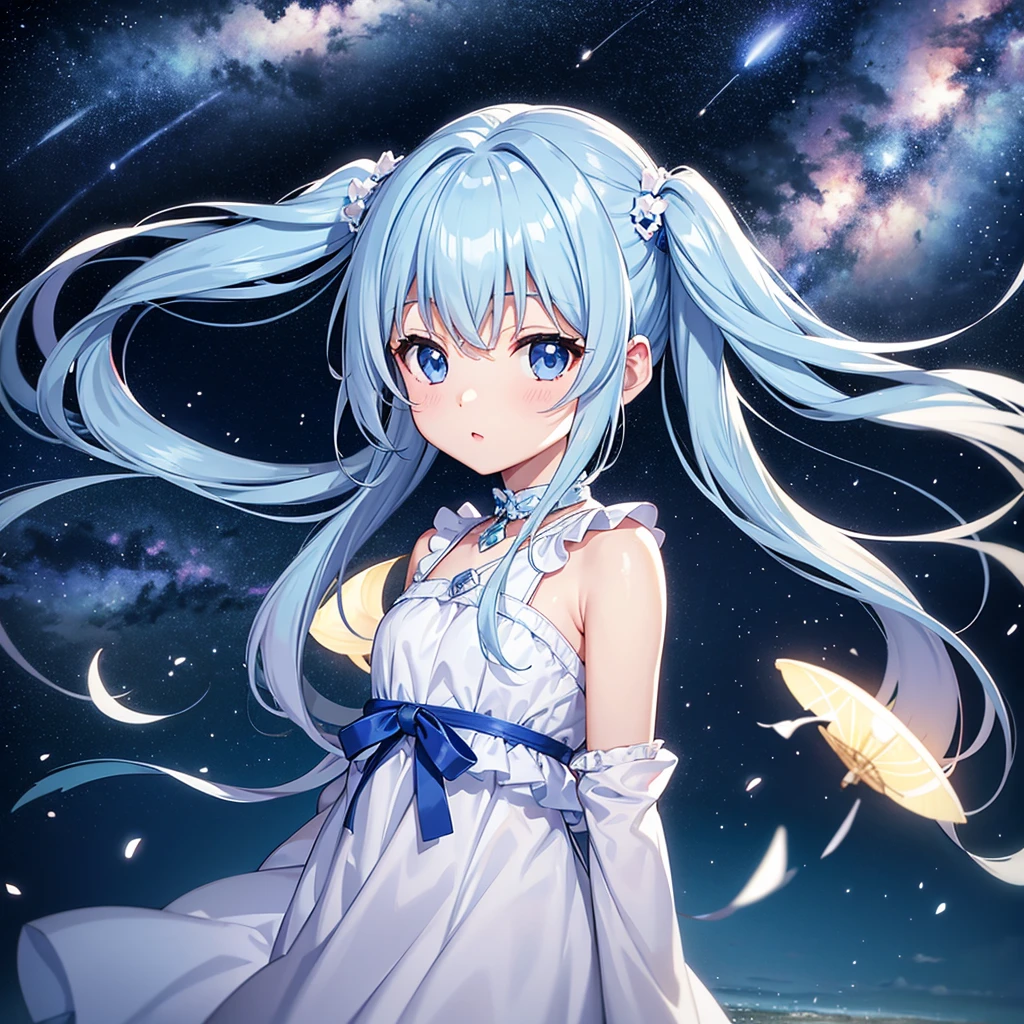 Night sky beach、Moonlit Night、milky way、Lots of shooting stars、Light blue long hair、Beautiful girl with twin tails、White long dress、Face Highlights