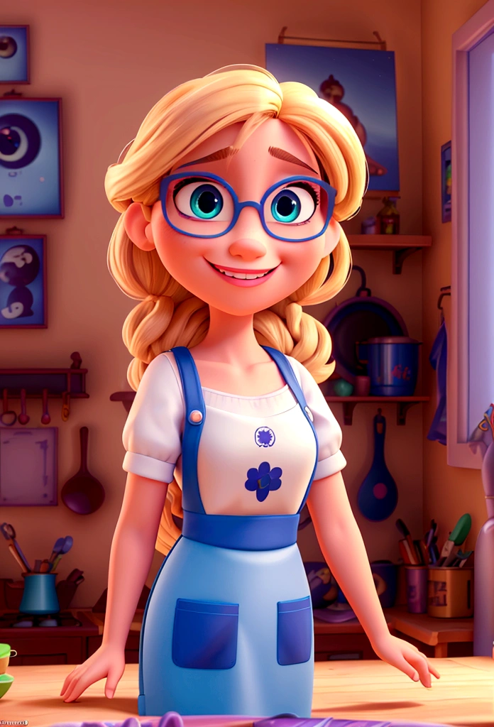 (best qualityer,4K,8K,high resolution,work of art:1.2),ultra detali,(realisitic,photorealisitic,photo-realisitic:1.37),rendered in 3D, Pixar-style, detailed beautiful woman with blue eyes, big blonde hair, Wearing white glasses, Standing in the Kitchen, with an apron written quital casa, Disney-themed makeup, cute, smiling, close-up, Pixar and Disney characters, cinematic lighting