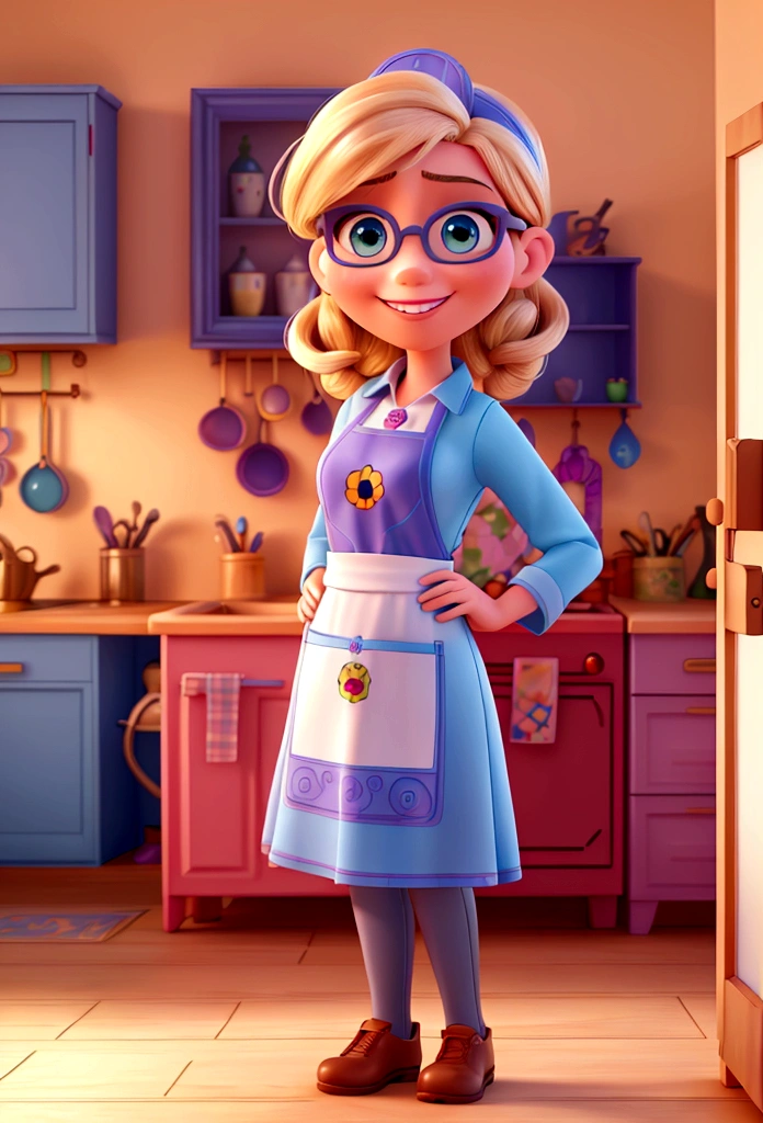 (best qualityer,4K,8K,high resolution,work of art:1.2),ultra detali,(realisitic,photorealisitic,photo-realisitic:1.37),rendered in 3D, Pixar-style, detailed beautiful woman with blue eyes, big blonde hair, Wearing white glasses, Standing in the Kitchen, with an apron written quital casa, Disney-themed makeup, cute, smiling, close-up, Pixar and Disney characters, cinematic lighting