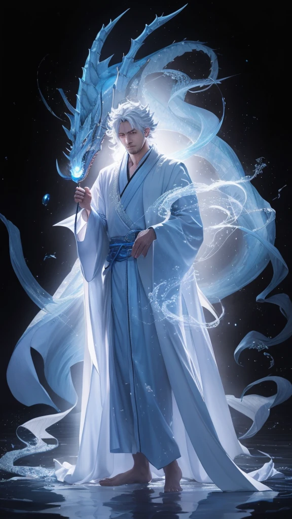 a man in a blue dress standing in the water with a dragon, flowing magic cloak, flowing white robes, white haired deity, wearing flowing robes, beautiful male god of death, loose hair and long clothes, cotton cloud wizard robes, flowing robes, keqing do impacto genshin, handsome guy in demon slayer art, tall anime guy with blue eyes, 由杨J