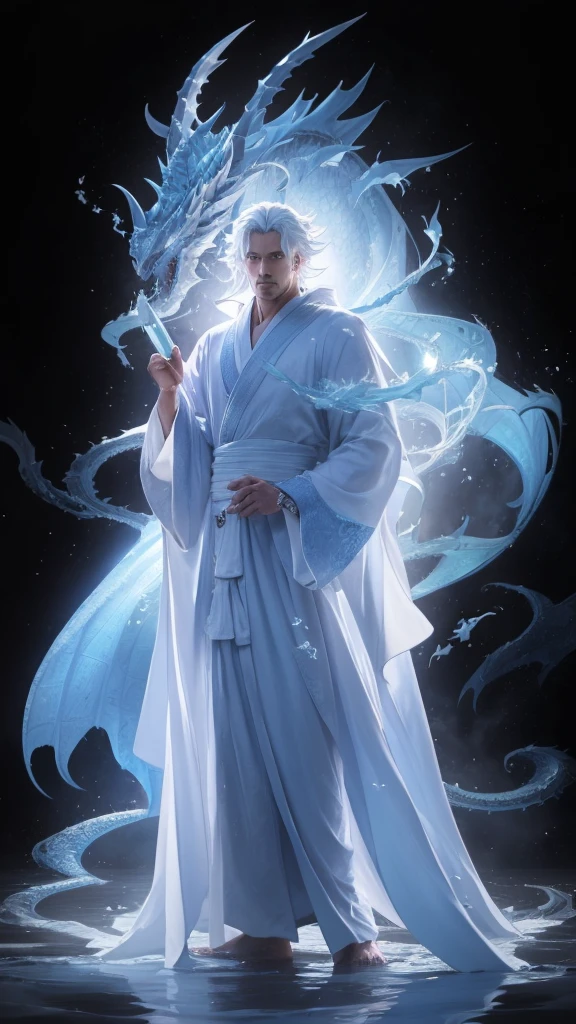 a man in a blue dress standing in the water with a dragon, flowing magic cloak, flowing white robes, white haired deity, wearing flowing robes, beautiful male god of death, loose hair and long clothes, cotton cloud wizard robes, flowing robes, keqing do impacto genshin, handsome guy in demon slayer art, tall anime guy with blue eyes, 由杨J