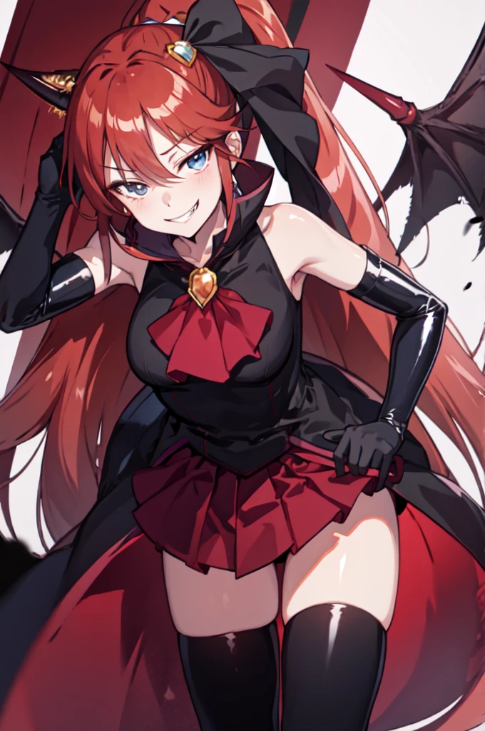 Highest quality, masterpiece, One Girl,Not beautiful, Red Ponytail, Long dress, brooch, Hair Ribbon, - Elbow hand pockets, Black knee socks, Standing on the rubble, (Wicked Smile:1.1), ,,Dark shadowed face,Sadistic smile,Malice,Contempt,smile,latex,Bad face,,Red Skirt,two hands,two legs,five fingers,evil background,elbow gloves,latex, Wicked Smile, devilish aura (Shiny fabric:1.5),Dark world background,独奏,