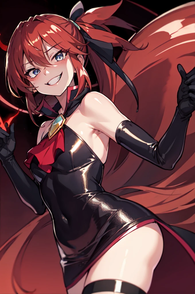 Highest quality, masterpiece, One Girl,Not beautiful, Red Ponytail, Long dress, brooch, Hair Ribbon, - Elbow hand pockets, Black knee socks, Standing on the rubble,  (Wicked Smile:1.1), ,,Dark shadowed face,Sadistic smile,Malice,Contempt,smile,latex,Bad face,,Red Skirt,two hands,two legs,five fingers,evil background,elbow gloves,latex, Wicked Smile, devilish aura (Shiny fabric:1.5),Dark world background,独奏,


