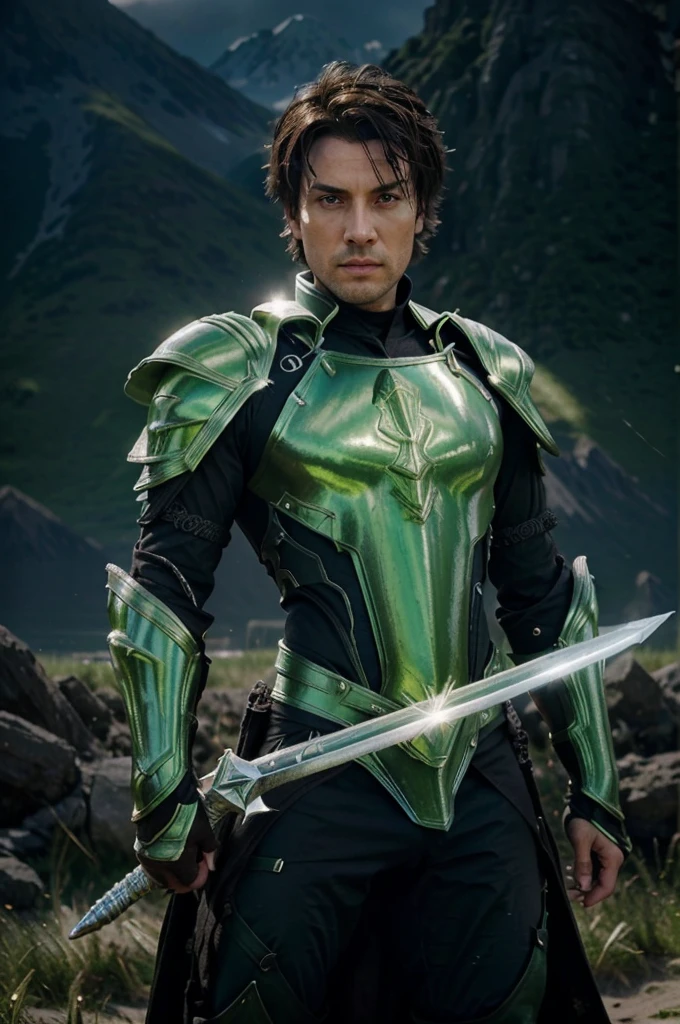 Realistic. real photo. Closeup of a black haired man, green eyes,with a green sword, Bright Green Soul Blade,, intricate shining armor. (((in the background you can see a mountain), dune lighting)),