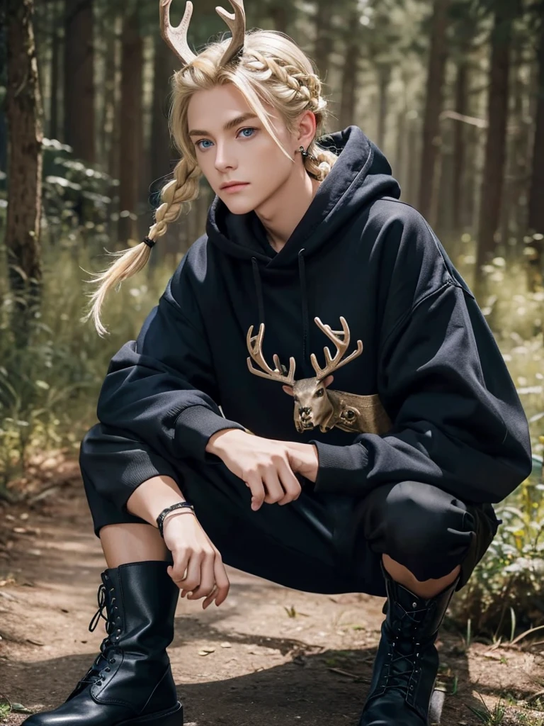 Feminine male with blonde hair in a braid, blue eyes, deer skull mask, black scelras, earrings, blue hoodie and black shorts with brown boots