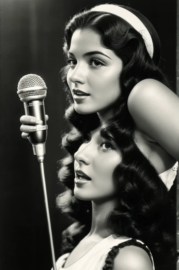 21 year old woman, pretty, Panamanian race, singing, in 1935, 1920s style, long black hair, thin.