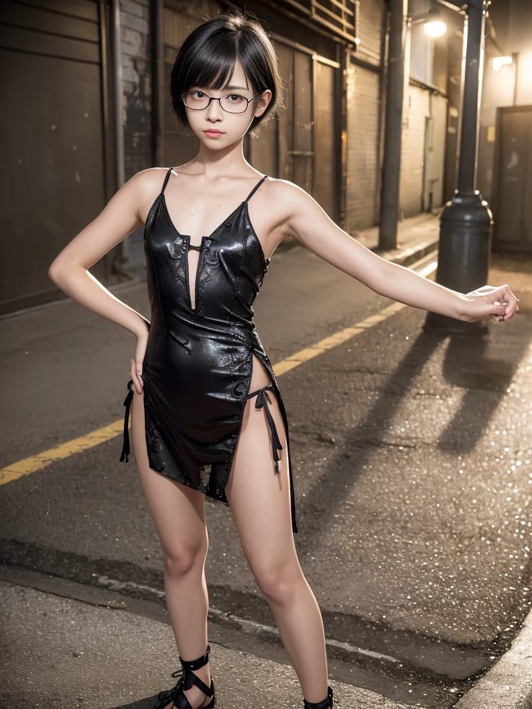 raw photo, 8k, (top-quality), Realistic, (real picture, Intricate details), (natural skin texture, detailed skin, hyper realism, sharpness), (Japanese teenage girl standing in a dirty back alley at night, graffitied wall:1.3, armpits exposed), (((flat chest:1.5))) ((black evening dress, sleeveless)), (pale skin), ((shorthair, short bangs)), (glasses, seductive face, Parted lips:1.2), thigh, graffiti:1.5, trash can, night time, spot lighting:1.3, Full body shot