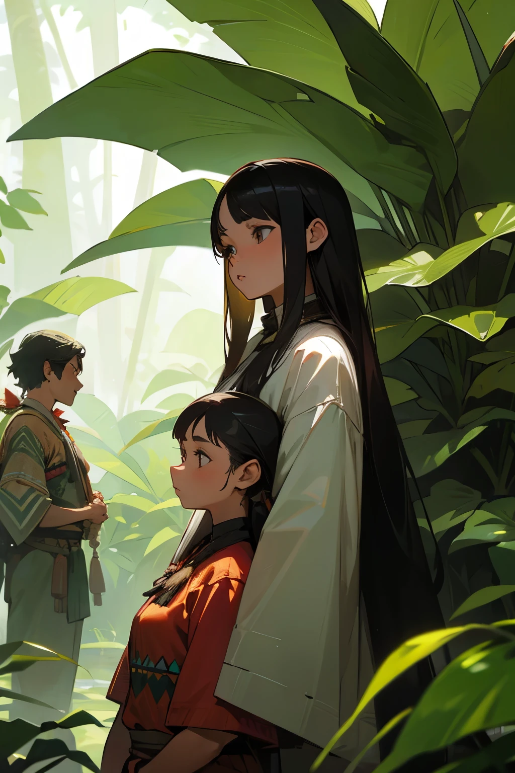 Couple of indigenous woman with white man with jungle background
