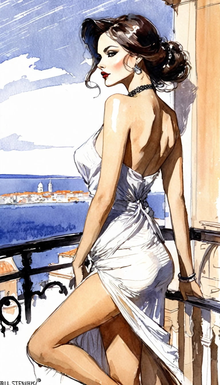 A sexy and elegant woman, on a terrace with a beautiful view, tmari, sketch, traditional media, pen drawing, white background (art inspired by Bill Sienkiewicz). oil painting)