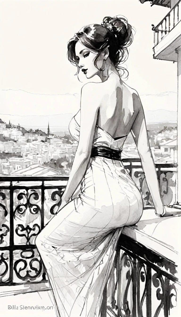 A sexy and elegant woman, on a terrace with a beautiful view, tmari, sketch, traditional media, pen drawing, white background (art inspired by Bill Sienkiewicz). oil painting)