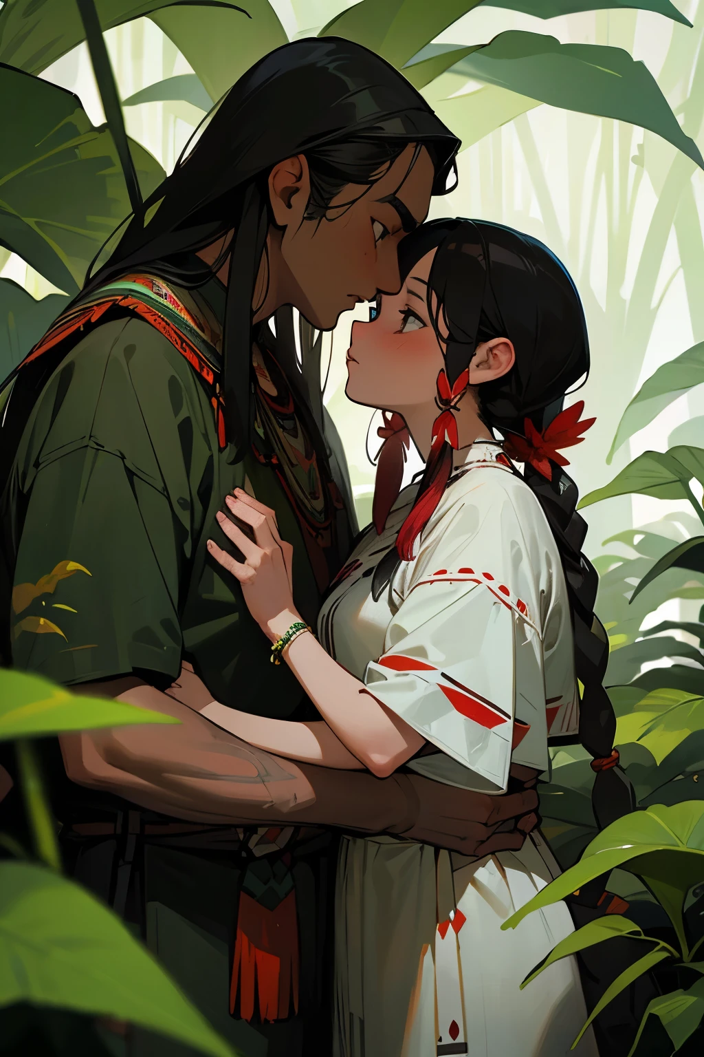 Couple of indigenous woman with white man with jungle background