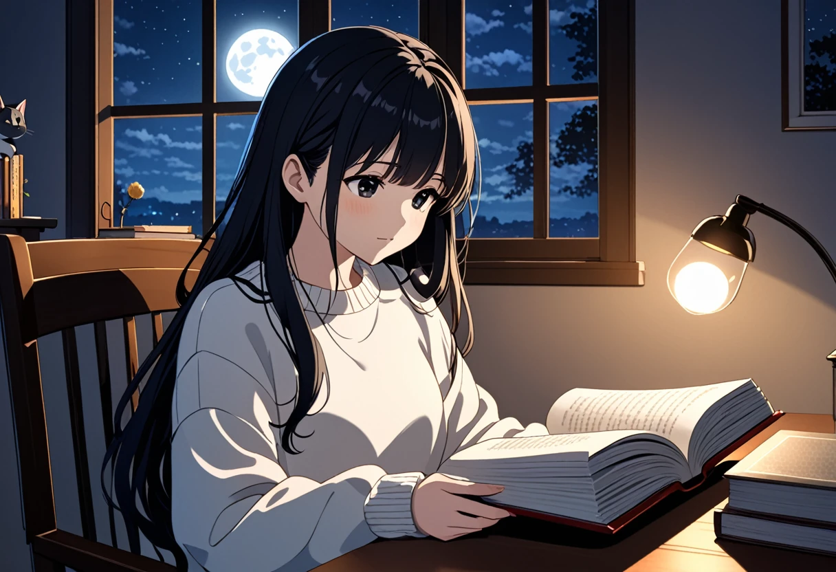 a 22 year old lady white sweater, black hair, long hair, black eyes, listening to music, reading a book, sitting at table in a chair, a cat sitting near a window, night, soft moon light, 8k ultra hd, anime style