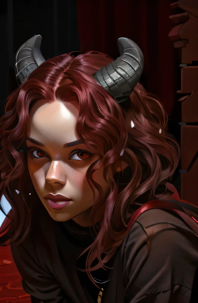 girl with short wavy wine red hair and black horns like a goat ,the color of her skin is brunette, your clothes cover your entire body, and their are red eyes, and it's in a forest, and is wearing medieval brown leather armor with a bow on his back, There's a white wolf by your side.