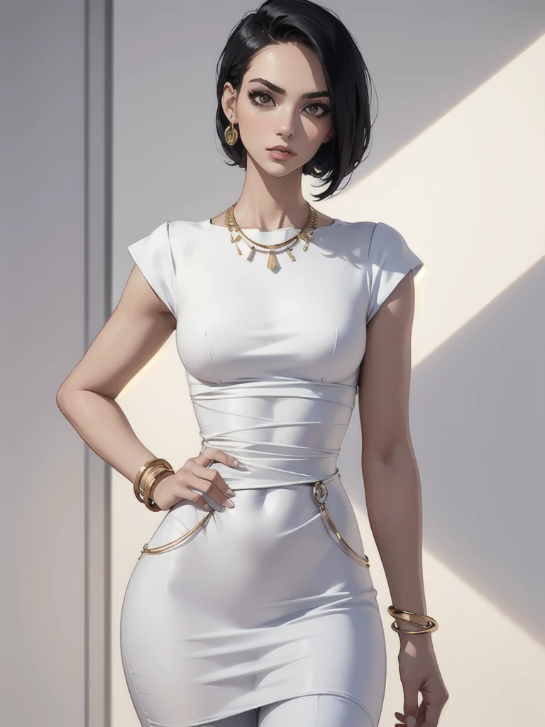 makeup, mascara, simple color palettes, woman 25 years old, stylish, Clean, sharp designs, flowing silhouettes, Tight skirts and pants, high-waisted skirts and pants, simple dresses, shirts and blouses, asymmetrical, geometric, Elegant and luxurious materials and designs, Simple, minimal accessories, gold necklace, gold bangle, Slim necklaces and rings in silver or gold, Simple bangles, Distinctive designs, simple silhouettes, chic and mature impression, simple and sophisticated style, elegance, minimalism, high quality materials, cool and urban impression, high fashion, , simplicity and sophistication, plain white dress, chic white dress
