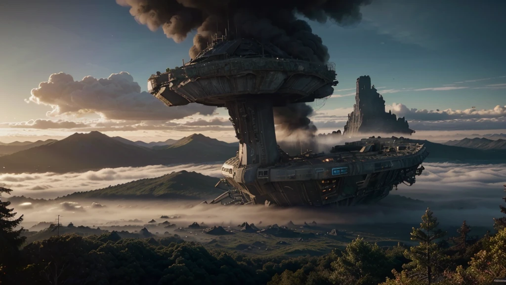 a military's bass's in the middle of a forest with trees and fog in the, stunning vfx, incredible vfx, an intact ancient alien ship, epic cinematic matte painting, alien ship wreck, insanely detailed matte painting, ruined alien structures, from a 2 0 1 9 sci fi 8 k movie, an immense floating castle, destroyed ship, epic and cinematic view, still from a live action movie, abandoned rocket ship, spectacular cinematic scene, aerial footage, very realistic cinematic, hyperrealistic matte painting, very detailed cinematic, highly detailed vfx, drone footage