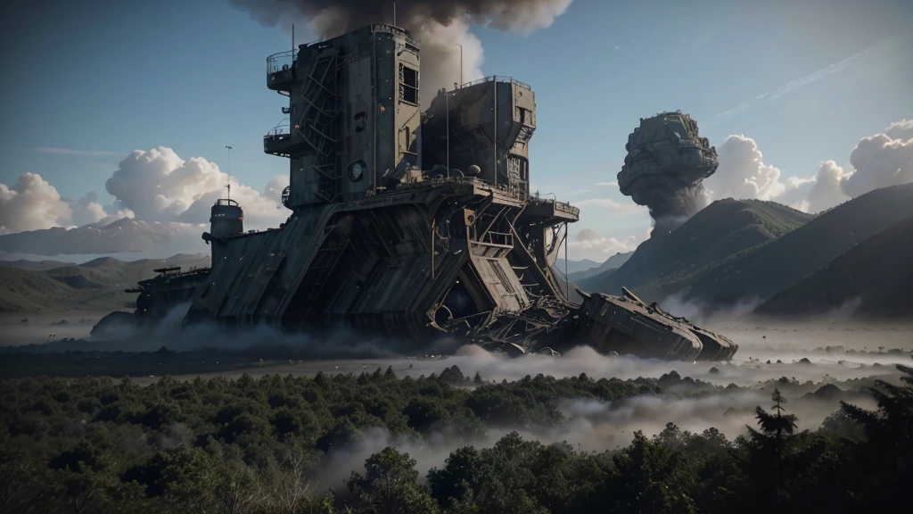 a military's bass's in the middle of a forest with trees and fog in the, stunning vfx, incredible vfx, an intact ancient alien ship, epic cinematic matte painting, alien ship wreck, insanely detailed matte painting, ruined alien structures, from a 2 0 1 9 sci fi 8 k movie, an immense floating castle, destroyed ship, epic and cinematic view, still from a live action movie, abandoned rocket ship, spectacular cinematic scene, aerial footage, very realistic cinematic, hyperrealistic matte painting, very detailed cinematic, highly detailed vfx, drone footage