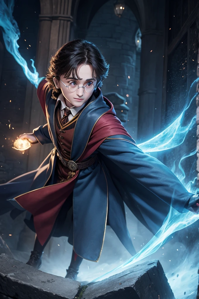 Build an animated picture of Harry Potter ,wizard dress ,with a wizard's wand in his right hand ,and in his left hand a wizard's hat