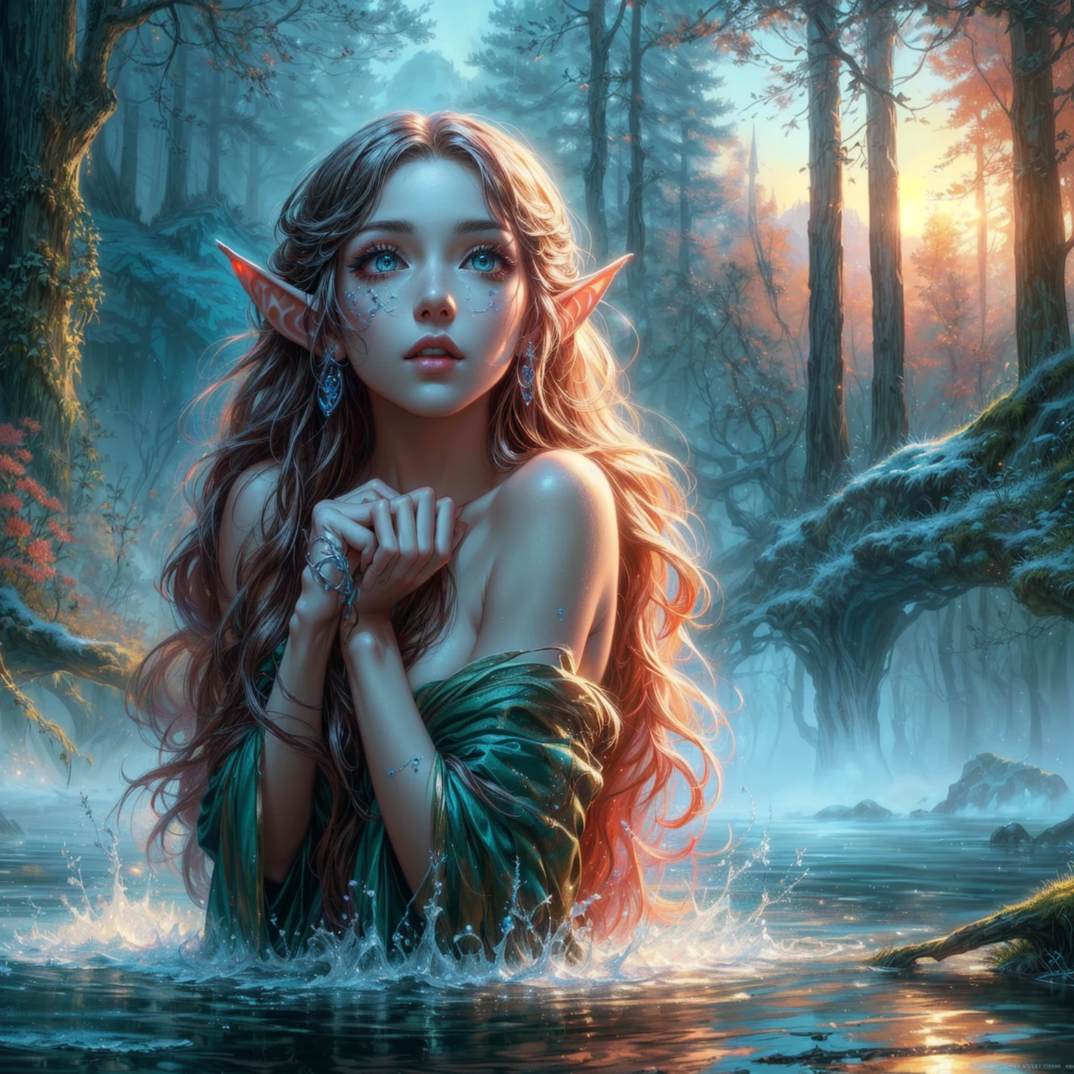 a woman with long hair and elf make-up stands in a stream, 4k fantasy art, detailed fantasy digital art, hyper-realistic fantasy art, Realistic fantasy artwork, beautiful fantasy art, HD-Fantasy-Kunst, detailed fantasy art, realistic fantasy painting, very beautiful fantasy art, digital art fantasy art, 4k highly detailed digital art, Detailed digital art in 4K, amazing fantasy art