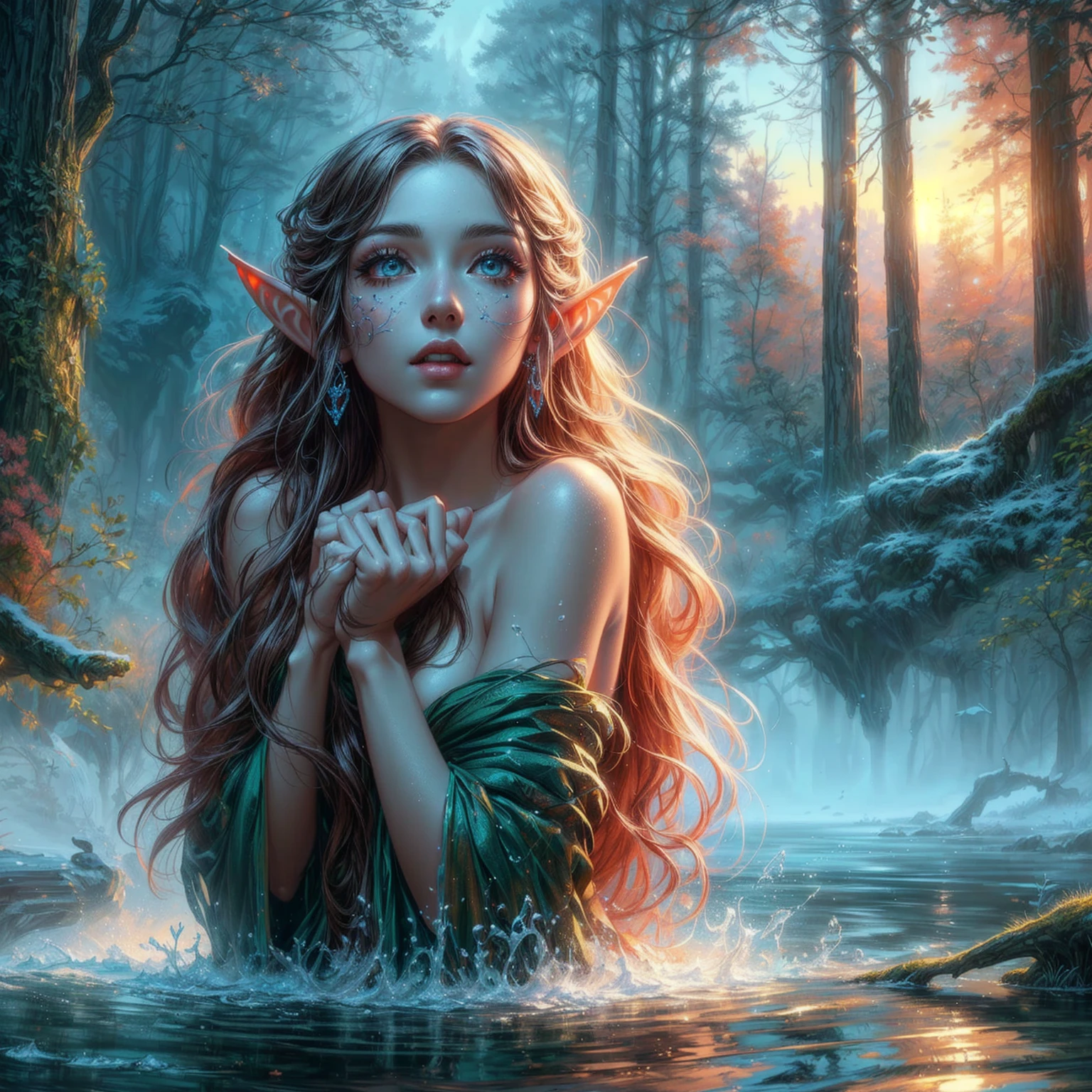 a woman with long hair and elf make-up stands in a stream, 4k fantasy art, detailed fantasy digital art, hyper-realistic fantasy art, Realistic fantasy artwork, beautiful fantasy art, HD-Fantasy-Kunst, detailed fantasy art, realistic fantasy painting, very beautiful fantasy art, digital art fantasy art, 4k highly detailed digital art, Detailed digital art in 4K, amazing fantasy art