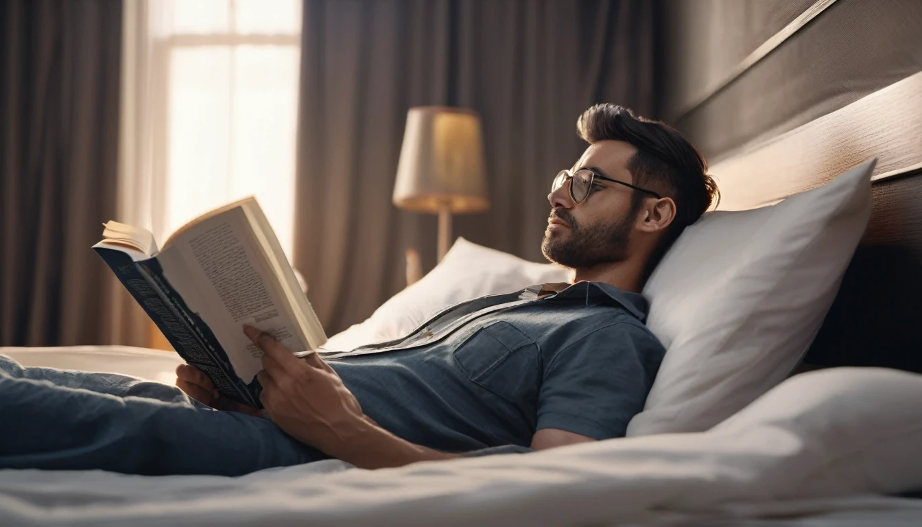 A man reading a book while laying on bed, head on pillow, realistic side profile photoshoot, 8K, perfect anatomy, hyper realism