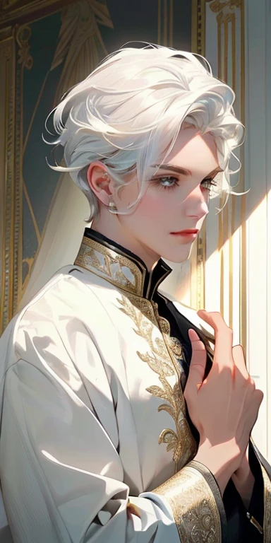 a man with a royal look, white  hair, light eyes and eyelashes, It&#39;s impressive