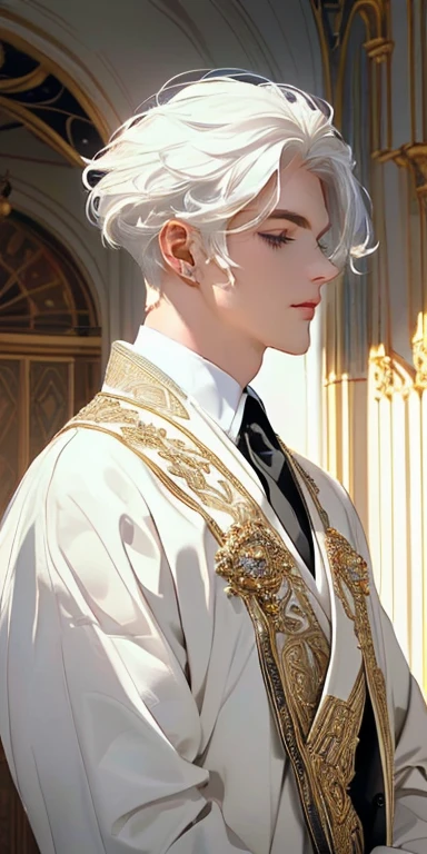 a man with a royal look, white  hair, light eyes and eyelashes, It&#39;s impressive