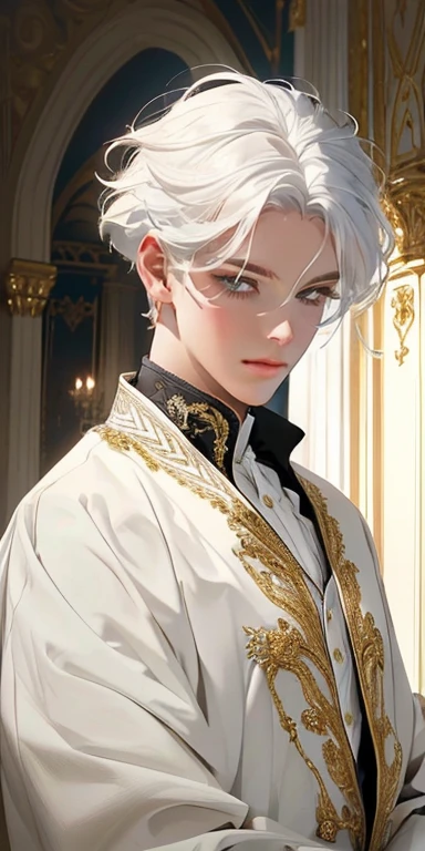 a man with a royal look, white hair, light eyes and eyelashes, It's impressive