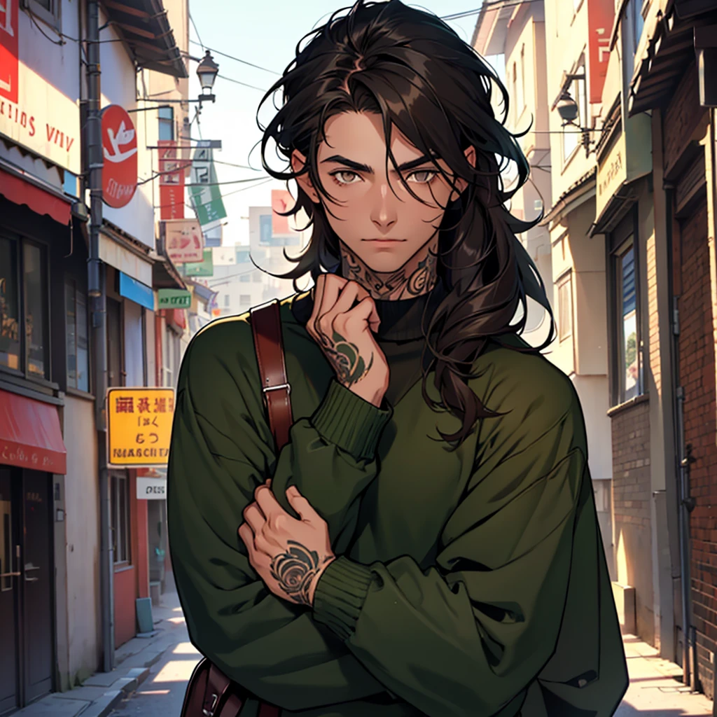 A man with dark brown eyes, shoulder length black hair, twenty years old. Caucasian skin, tattoo on the right side of the neck, a written name "esther". Wear a dark green sweater.