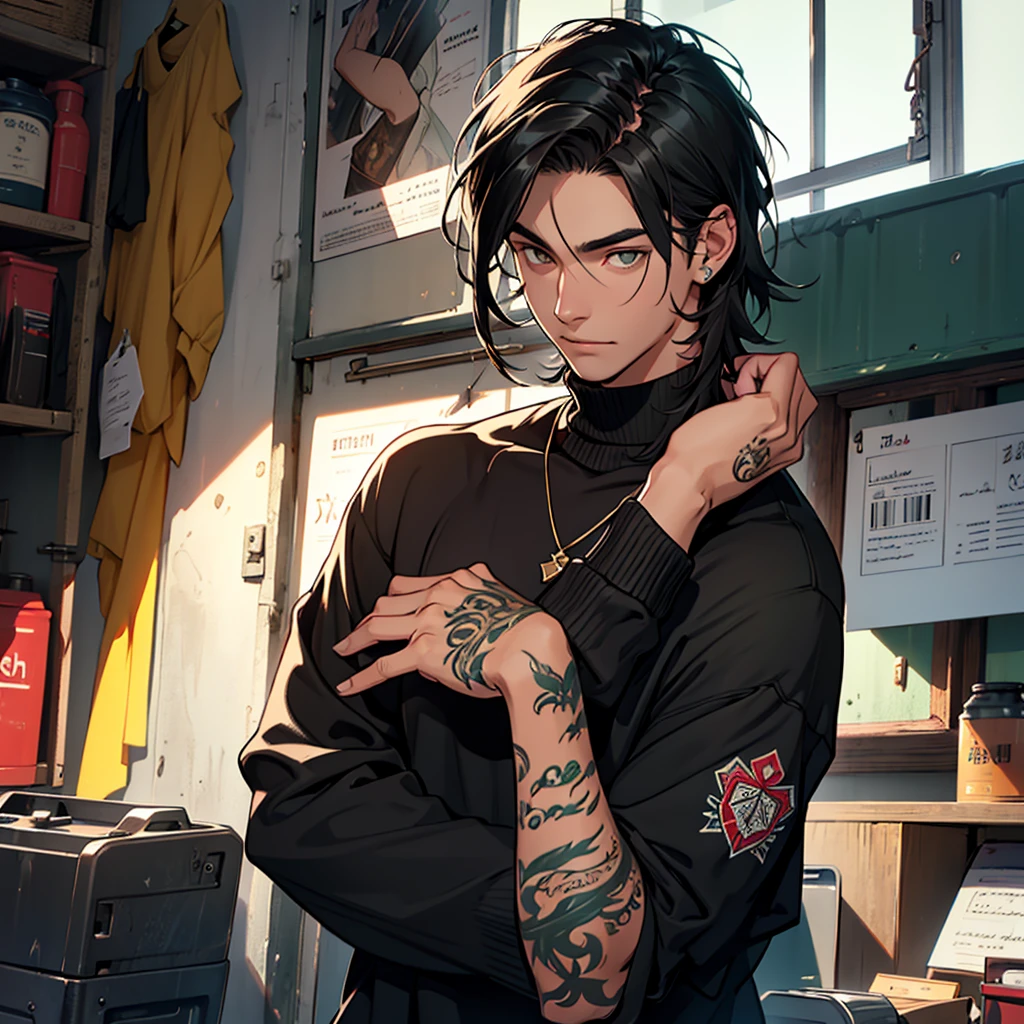 A man with dark brown eyes,  shoulder length black hair, twenty years old. Caucasian skin, tattoo on the right side of the neck, a written name "esther". Wear a dark green sweater.