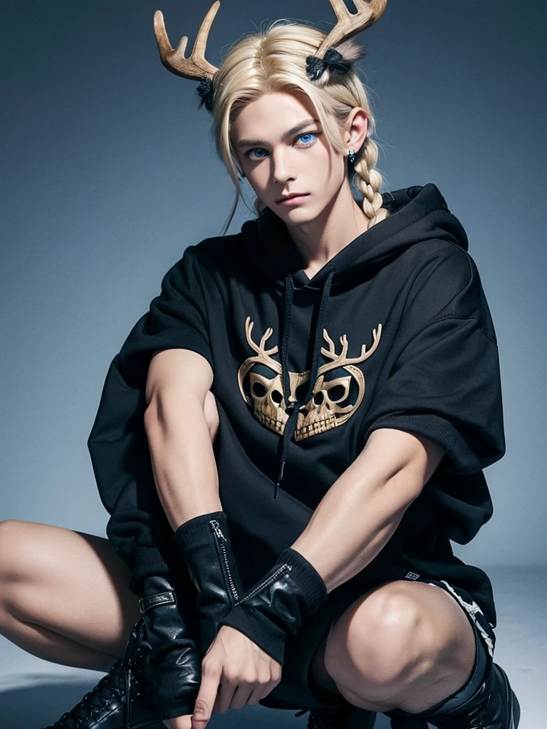 Feminine male with blonde hair in a braid, blue eyes, deer skull mask, black scelras, earrings, blue hoodie and black shorts with brown boots