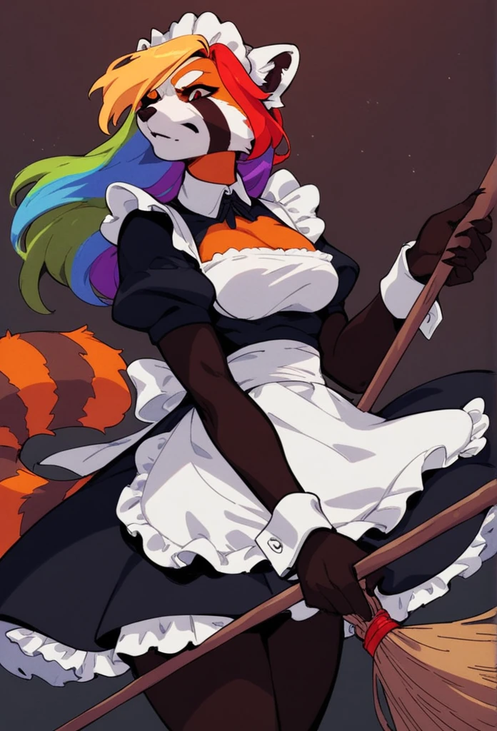 score_8_up,( score_4_up:-0.2), woman, red panda, rainbow hair, perfect body, evil, anthro, maid, hold a broom