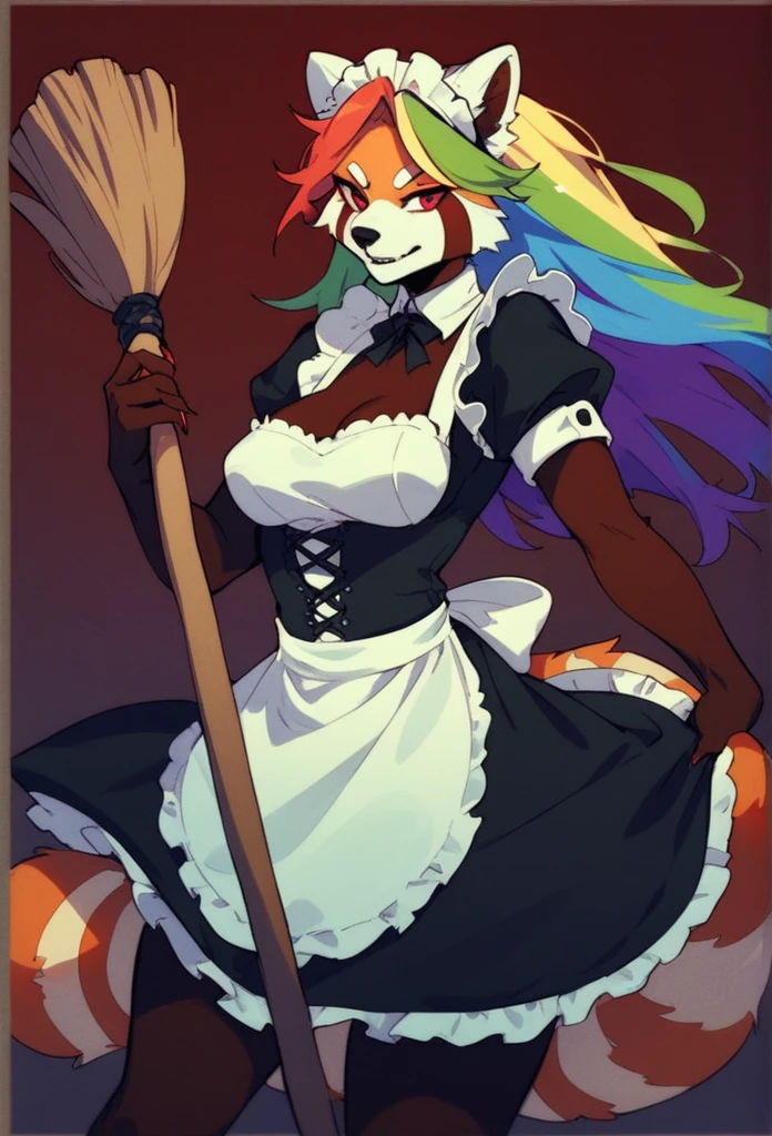 score_8_up,( score_4_up:-0.2), woman, red panda, rainbow hair, perfect body, evil, anthro, maid, hold a broom