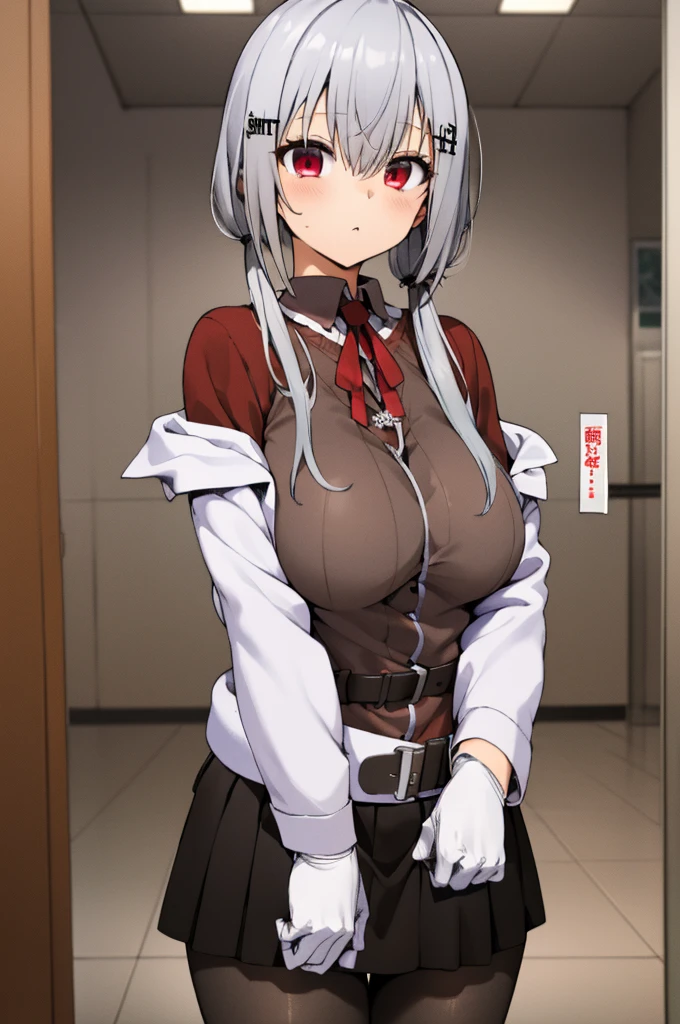 masterpiece, best quality, highres, hmhy1,silver hair, low twintails, hair ornament,huge breasts, red ribbon, collared shirt, sweater, labcoat, open clothes, off shoulder, long sleeves, flower, belt, white gloves, pleated skirt, black pantyhose, cowboy shot, indoor,