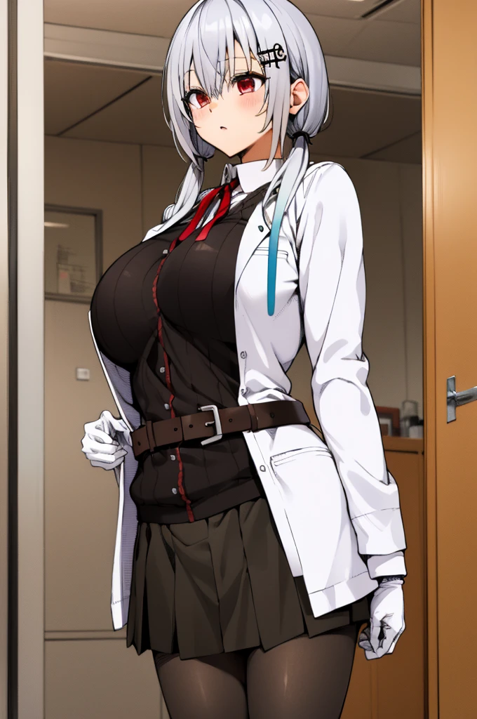 masterpiece, best quality, highres, hmhy1,silver hair, low twintails, hair ornament,huge breasts, red ribbon, collared shirt, sweater, labcoat, open clothes, off shoulder, long sleeves, flower, belt, white gloves, pleated skirt, black pantyhose, cowboy shot, indoor,