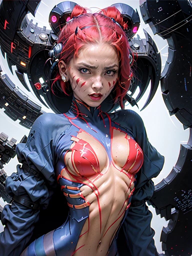 1girl, cute girl, sexy, solo, white eyes looking at viewer, monochrome, greyscale, bunt bangs, bright red hair, parted lips, horns, black background, full veiw, wide angled, cyberpunk, tragic, gothic horror surellizm (red color pops hair & Lipstick) beautiful lighting strangely sexy(Brom style character concepts ober realism,) Goth pop
