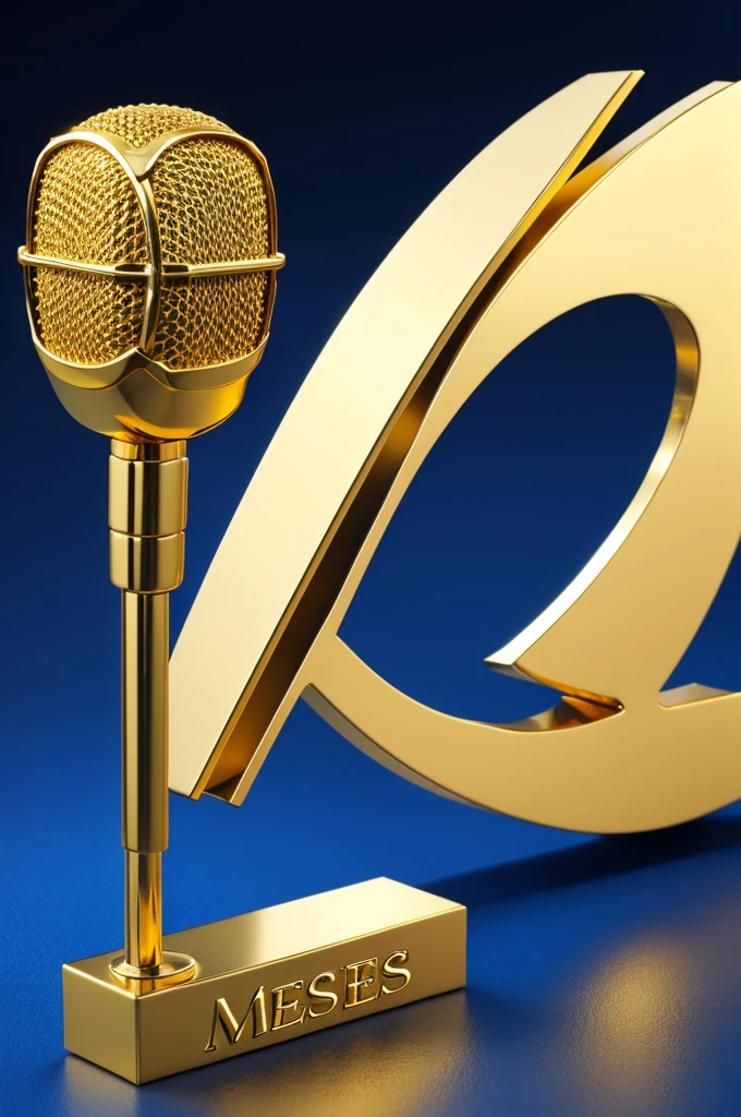Create a three-dimensional logo with blue letters and gold edges with a microphone-shaped frame with the following message in the center: Moses Mejia OFFICIAL