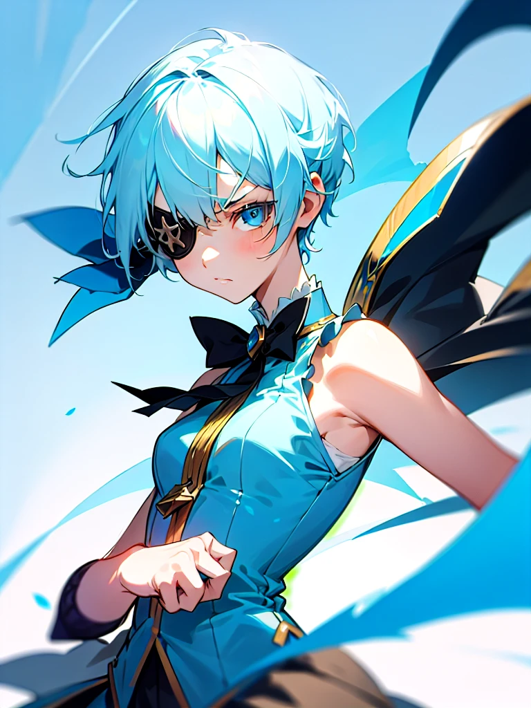 1 girl, light blue hair, light hair hair, sharp eyes, light blue eyes, sleeveless combat dress, bow, serious look, masterpiece, high quality, fantasy eyepatch, unique eyepatch, short hair, short hair