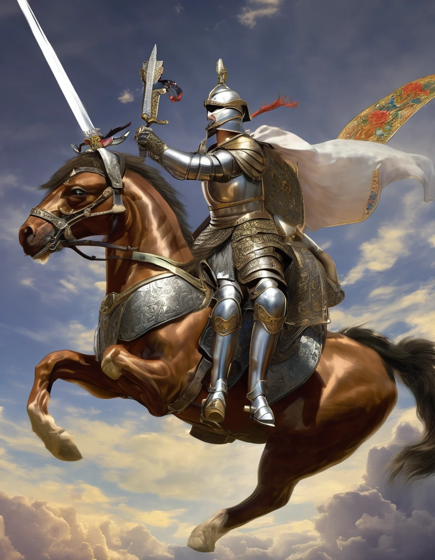 Cat riding a horse in armor while the cat raises a sword high, the background seems to be an apolacipsis.