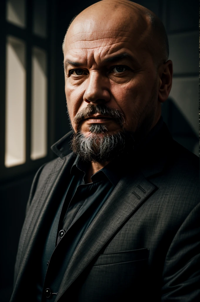 Lenin, middle aged man with short beard, serious expression, bald, Lenin в окружении мелкой буржуазии, Lenin говорит, Oil painting, dark colors, dramatic lighting, Chiaroscuro, high contrast, Photorealism, masterpiece, 8K, hyperdetailing, Sharp Focus, cinematic composition, moody atmosphere, dramatic shadows, Warm colors, cool colors