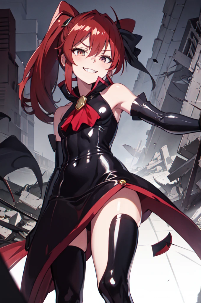 Highest quality, masterpiece, One Girl,Not beautiful, Red Ponytail, Long dress, brooch, Hair Ribbon, - Elbow hand pockets, Black knee socks, Standing on the rubble, (Wicked Smile:1.1), ,,Dark shadowed face,Sadistic smile,Malice,Contempt,smile,latex,Bad face,,Red Skirt,two hands,two legs,five fingers,evil background,elbow gloves,latex, Wicked Smile, devilish aura (Shiny fabric:1.5),Dark world background,独奏,feet,