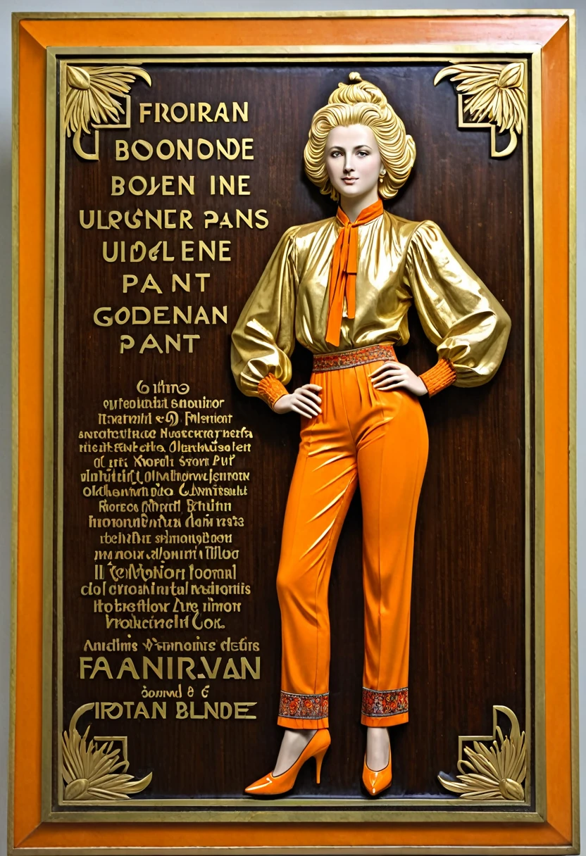 a plaque with the inscription Florian Blonde, Ukraine, golden blouse, orange pants,
