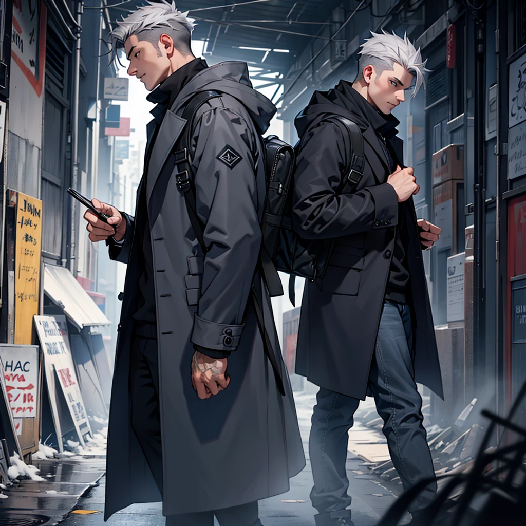 naughty man, age 25, gray eyes, skin fair, scars, shorth hair, dark blue overcoat, black backpack.