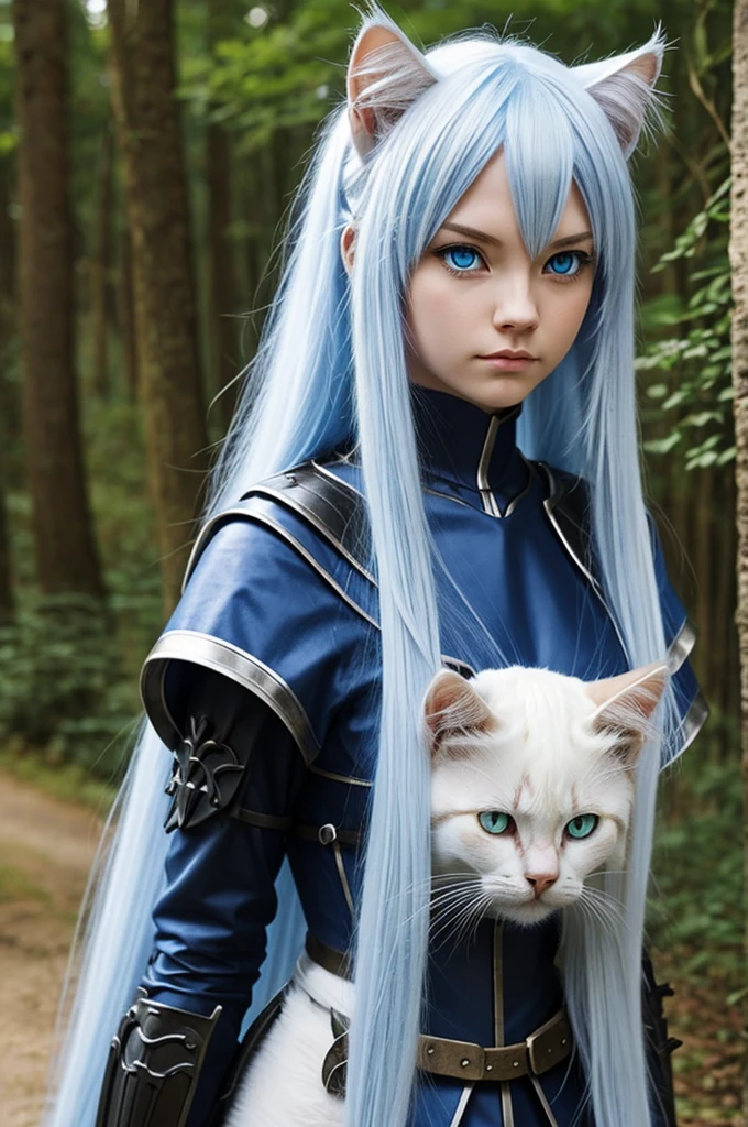 Create an image of a Neko girl (cat girl) with,blue eyes (or blue),long white hair,medieval,tez blanca,serious look (or authoritarian),let it be forest background,wearing medieval armor,2D, anime 