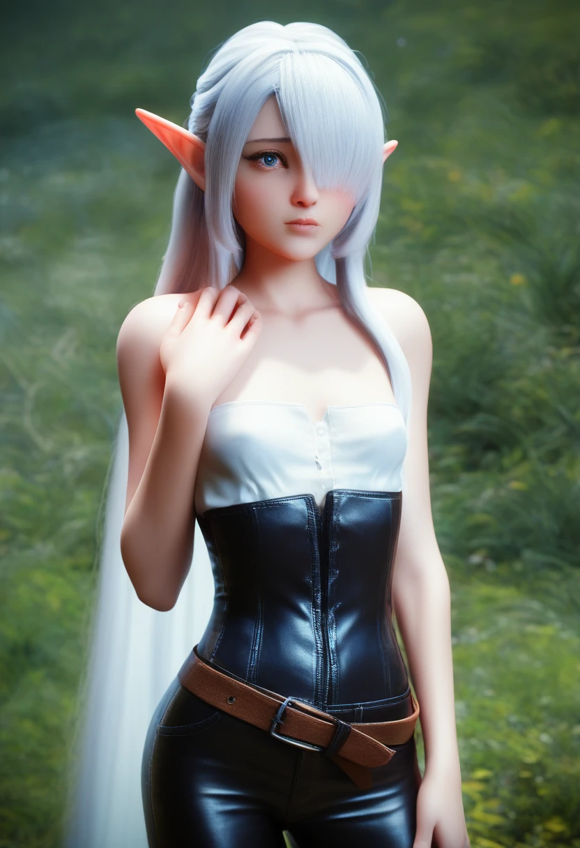 detailed gnome girl with pale skin, short stature, and very long silver hair that curls at the ends, covering one eye, with small breasts, pouty lips, and bright blue anime-style eyes with long lashes, wearing a corset, white puffy long sleeved shirt, and puffy cloth pants, leather bound boots, set in a windy fantasy landscape, (best quality,4k,8k,highres,masterpiece:1.2),ultra-detailed, dungeons and dragons, long elf ears,  girl, detailed skin and cloth textures, cute detailed face, intricate details, extremely detailed, 1girl, dynamic pose with hair covering one eye, shy personality, cloth pants with leather belt, detailed privateer outfit, detailed buccaneer outfit