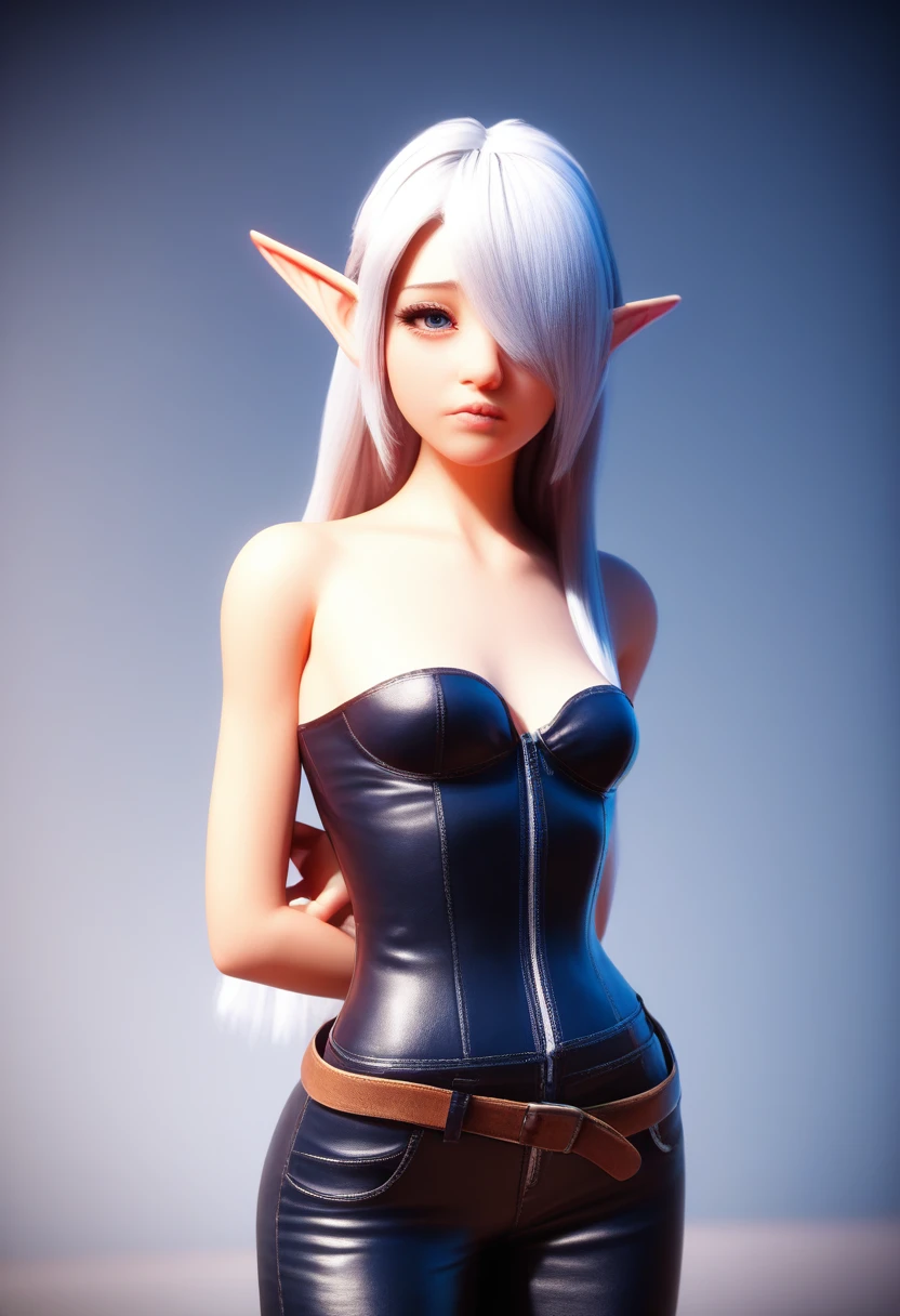 detailed gnome girl with pale skin, short stature, and very long silver hair that curls at the ends, covering one eye, with small breasts, pouty lips, and bright blue anime-style eyes with long lashes, wearing a corset, white puffy long sleeved shirt, and puffy cloth pants, leather bound boots, set in a windy fantasy landscape, (best quality,4k,8k,highres,masterpiece:1.2),ultra-detailed, dungeons and dragons, long elf ears,  girl, detailed skin and cloth textures, cute detailed face, intricate details, extremely detailed, 1girl, dynamic pose with hair covering one eye, shy personality, cloth pants with leather belt, detailed privateer outfit, detailed buccaneer outfit