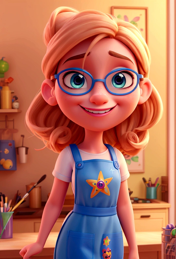 (best qualityer,4K,8K,high resolution,work of art:1.2),ultra detali,(realisitic,photorealisitic,photo-realisitic:1.37),rendered in 3D, Pixar-style, detailed beautiful woman with blue eyes, big blonde hair, Wearing white glasses, Standing in the picture, with an apron written yard house, Disney-themed makeup, cute, smiling, close-up, Pixar and Disney characters, cartoon cinematic lighting, Standing in the picture