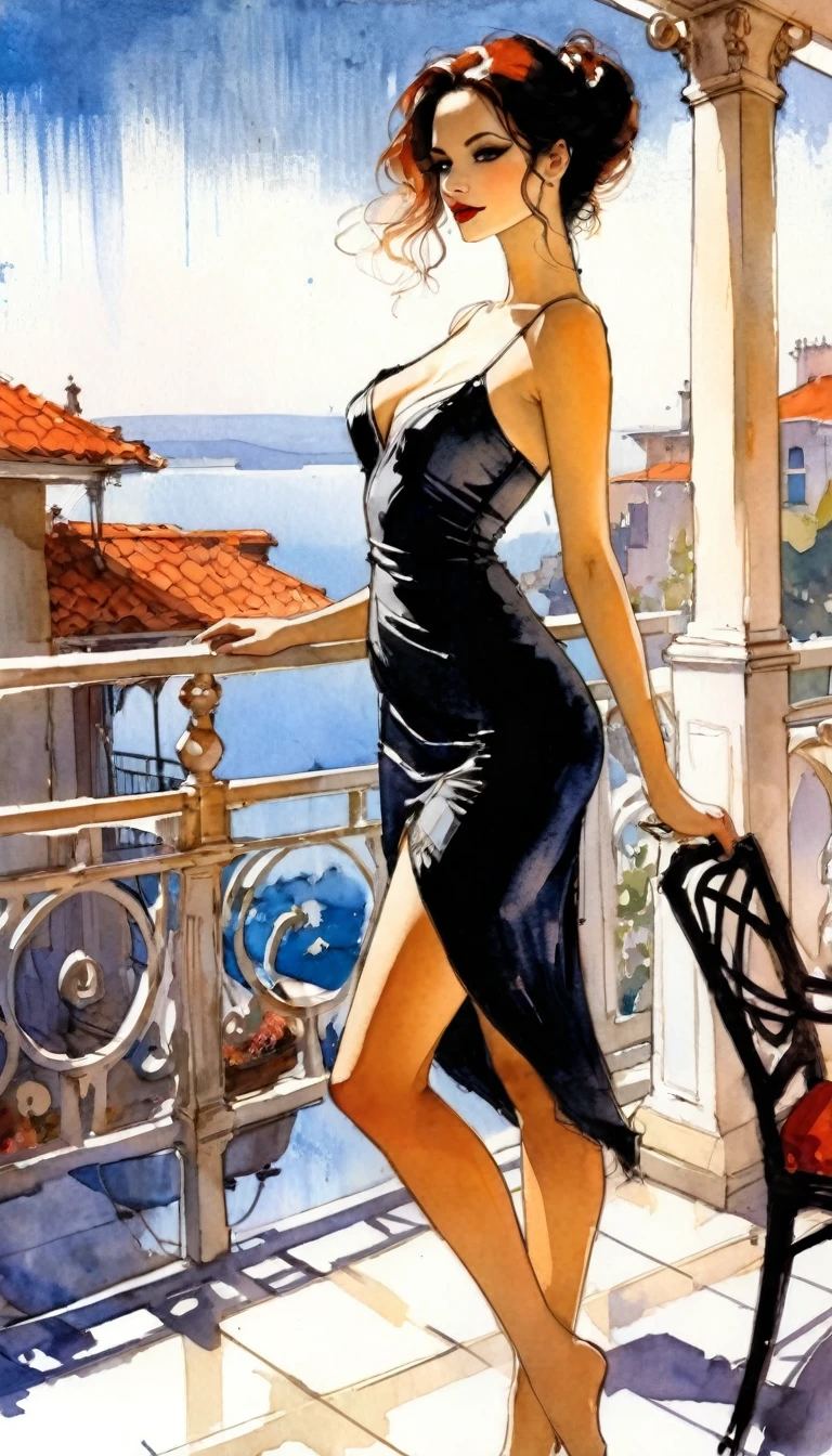 A sexy and elegant woman, in a sexy dress, on a terrace with a beautiful view, tmari, sketch, traditional media, pen drawing, white background (art inspired by Bill Sienkiewicz). oil painting)