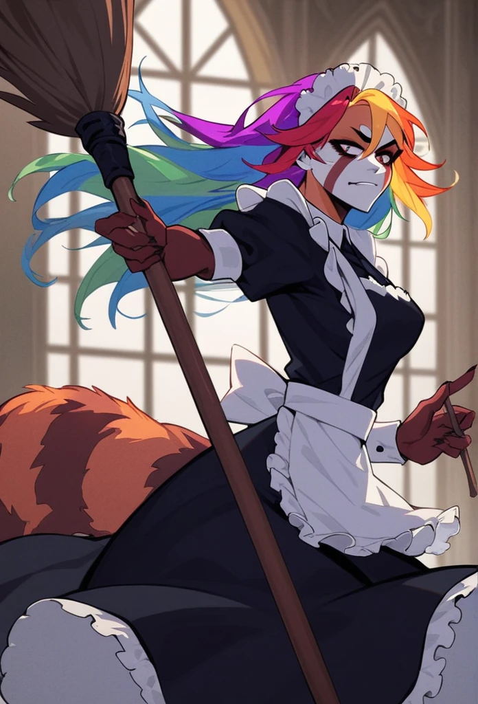 score_8_up,( score_4_up:-0.2), woman, red panda, rainbow hair, perfect body, evil, feminin, maid, hold a broom like a weapon