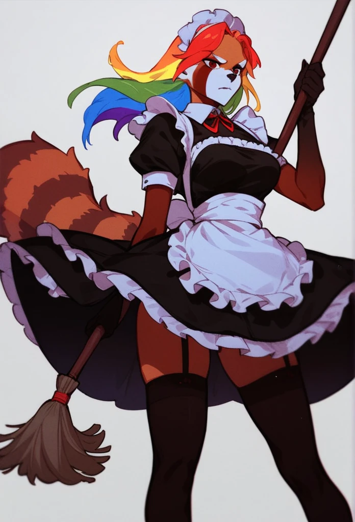 score_8_up,( score_4_up:-0.2), woman, red panda, rainbow hair, perfect body, evil, feminin, maid, hold a broom like a weapon