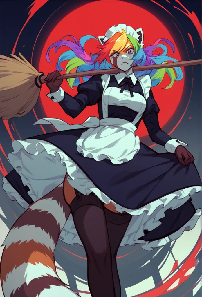 score_8_up,( score_4_up:-0.2), woman, red panda, rainbow hair, perfect body, evil, feminin, maid, hold a broom like a weapon